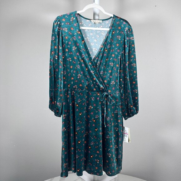 Wrap Style Velour Mini Dress Dark Teal Floral - Picture 2 of 6